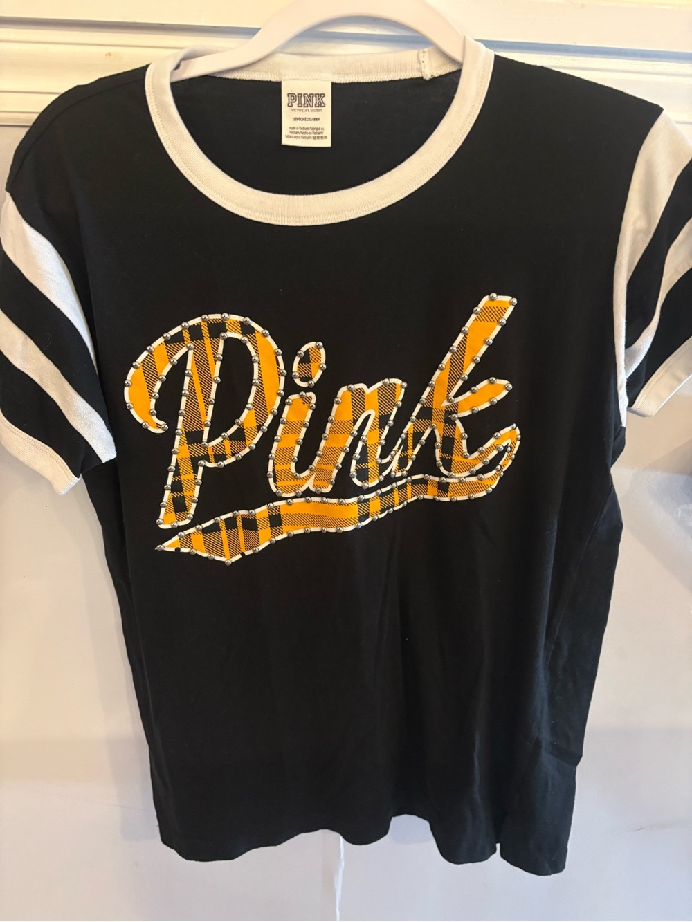 PINK Victoria's Secret Black Tee with Yellow Plaid Logo and White Trim